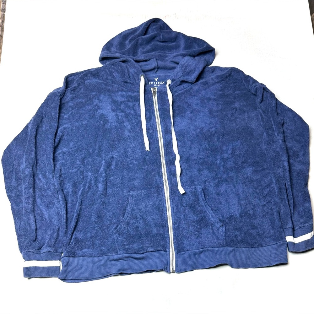 American Eagle Soft & Sexy Terry Women's Large Full Zip Hooded Sweatshirt Blue